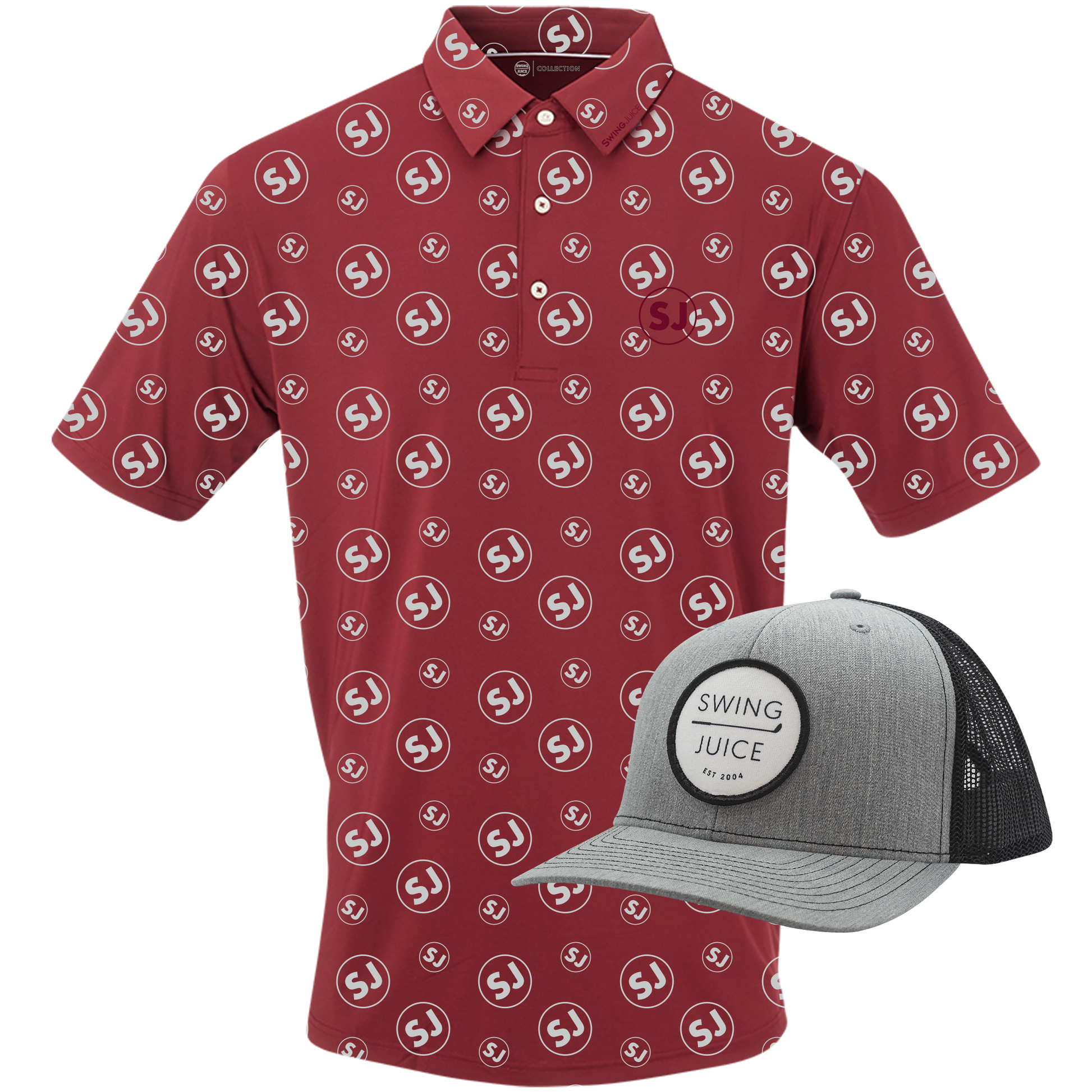 SwingJuice Circle Men's Polo Merlot & Retro Unisex Trucker Hat Grey Bundle-Multi