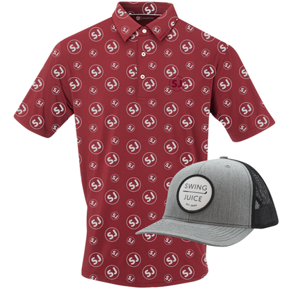 SwingJuice Circle Men's Polo Merlot & Retro Unisex Trucker Hat Grey Bundle-Multi
