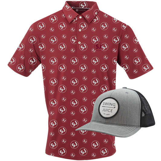 SwingJuice Circle Men's Polo Merlot & Retro Unisex Trucker Hat Grey Bundle-Multi