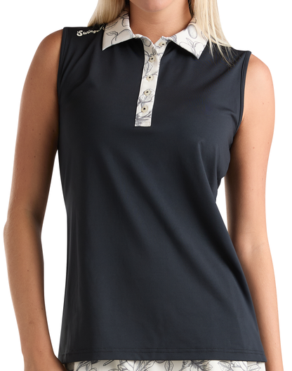 Golf Magnolia Toile Women's Sleeveless Polo-Black