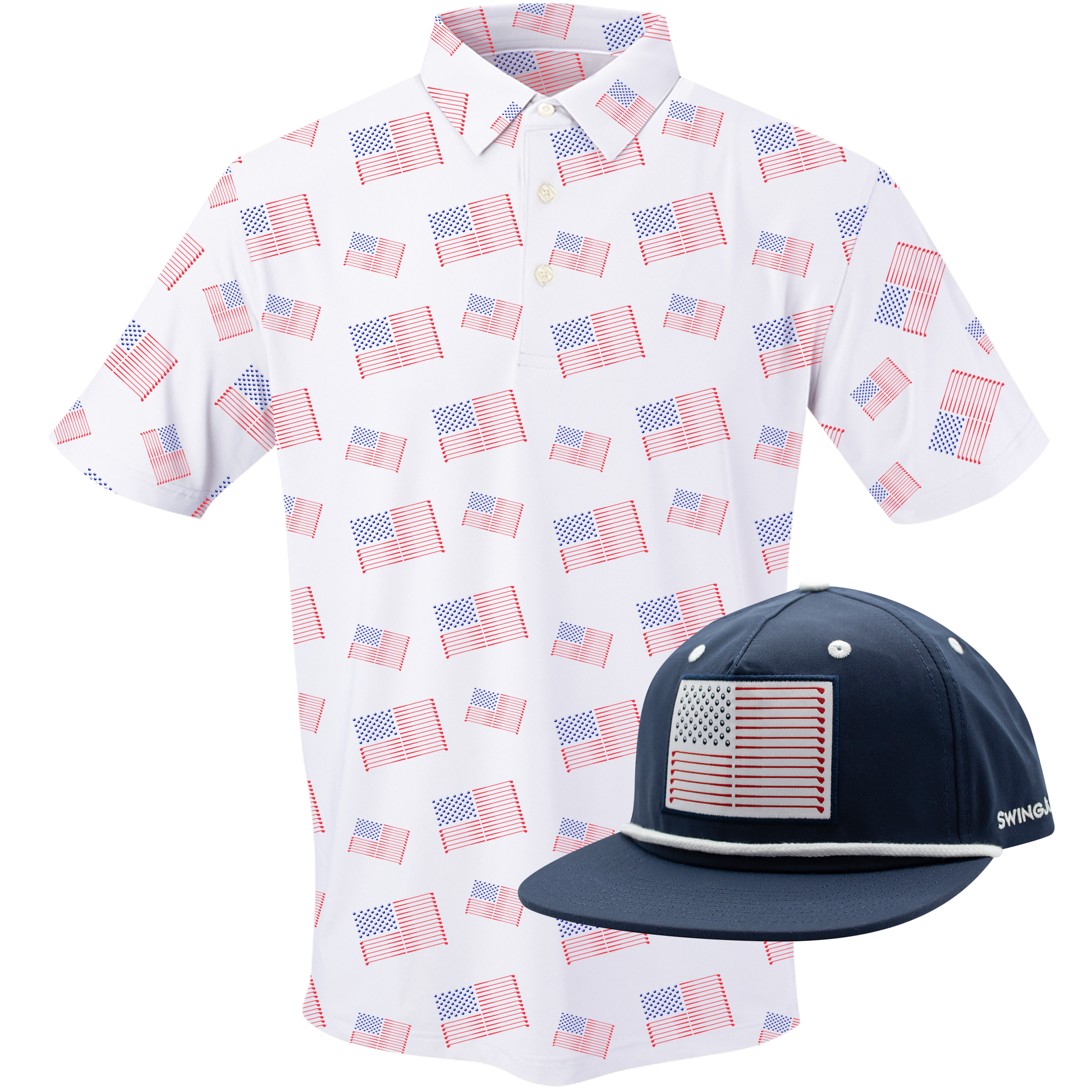SwingJuice Men's Golf Flag Polo White & Flag Unisex Active Rope Hat Navy-Multi