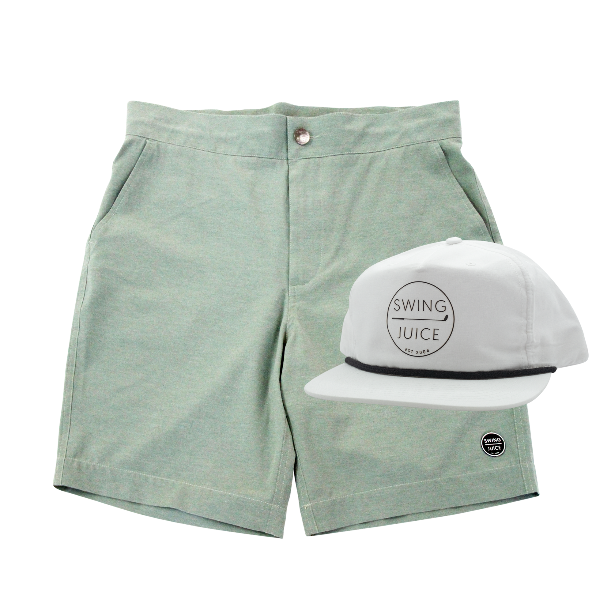 SwingJuice Men's Golf Sunrise Short Atlantic Green & Retro Unisex Rope Hat White Bundle-Multi