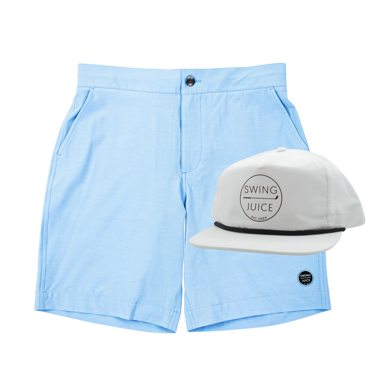 SwingJuice Men's Golf Sunrise Short Bay Blue & Retro Unisex Rope Hat White Bundle-Multi