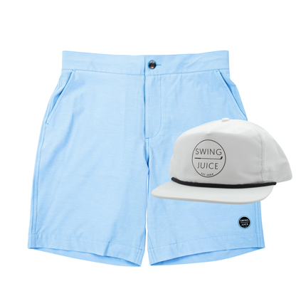SwingJuice Men's Golf Sunrise Short Bay Blue & Retro Unisex Rope Hat White Bundle-Multi