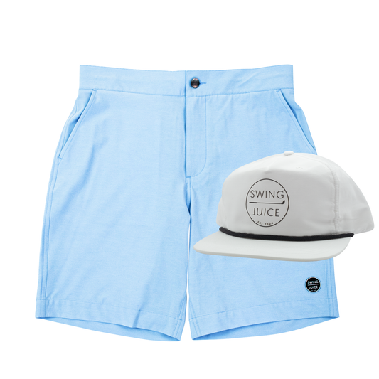 SwingJuice Men's Golf Sunrise Short Bay Blue & Retro Unisex Rope Hat White Bundle-Multi